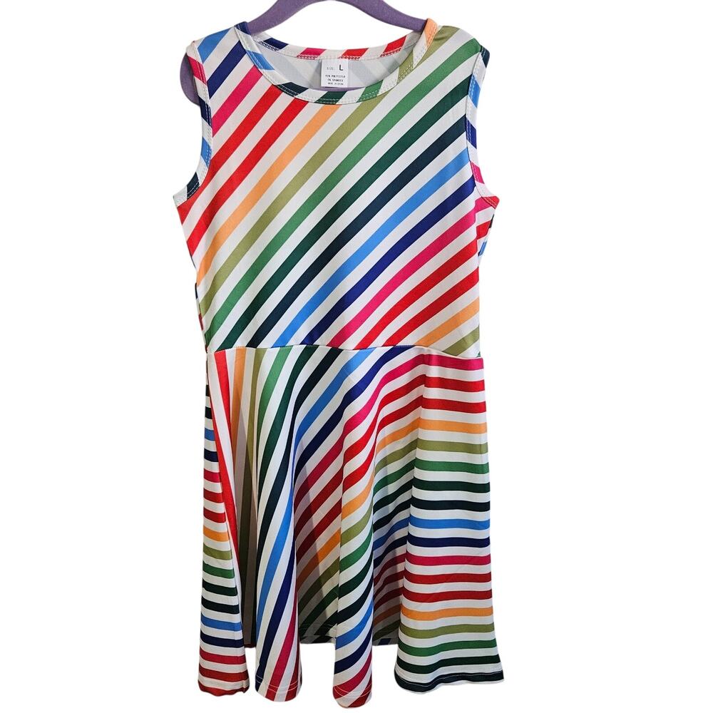 Sleeveless Diagonal Rainbow Stripe Dress Fit & Flare Casual Comfy Summer Girls L
